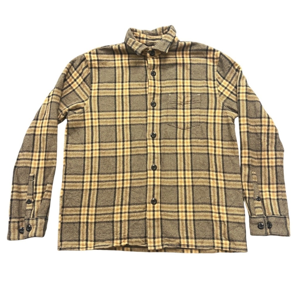 Express Mens Plaid Flannel Shirt Tan Black Long Sleeve Button Up Size M Cotton
